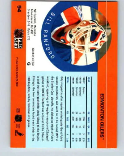 Hockey card back of 1990-91 Pro Set #94 Bill Ranford featuring original gloss detail