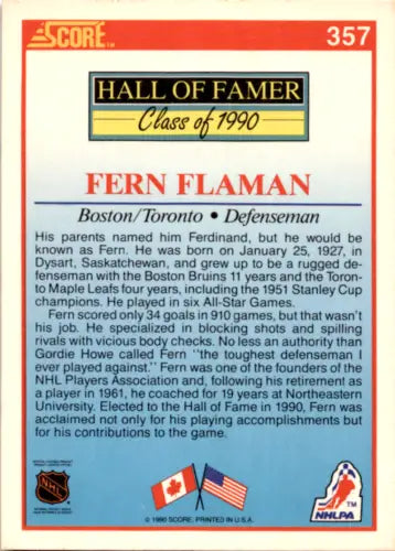 Fern Flaman hockey card in original gloss, 1990-91 Score Bruins HOF collectible