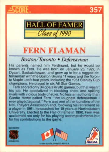 Fern Flaman hockey card 1990-91 Score #357 with original gloss, Near Mint condition