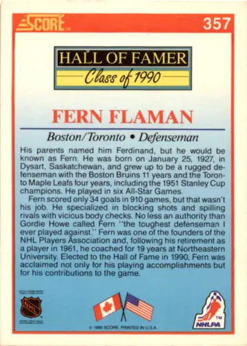 Fern Flaman 1990-91 Score hockey card with original gloss, Near Mint condition