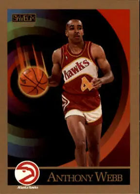 Basketball trading card of Spud Webb in Atlanta Hawks red and white jersey number 4