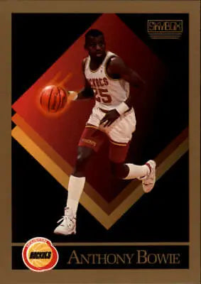 Basketball trading card of Anthony Bowie dribbling in a white uniform for Houston Rockets