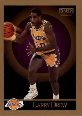 Larry Drew dribbling a basketball in Los Angeles Lakers yellow and purple uniform