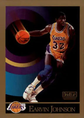 Basketball player in Lakers jersey dribbling ball, featuring Magic Johnson 1990-91 SkyBox card