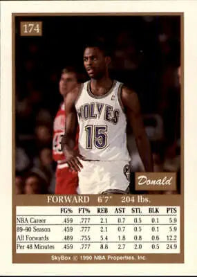 Basketball card featuring 1990-91 SkyBox #174 Donald Royal SP Rookie, Timberwolves NM-MT