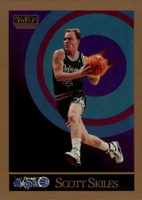 Basketball trading card of Scott Skiles dribbling for the Orlando Magic in black uniform