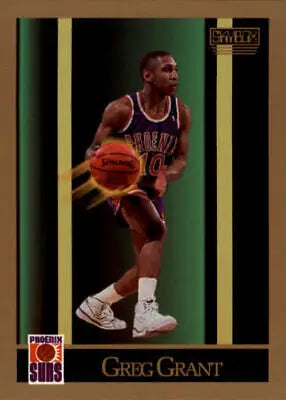 A Phoenix Suns player in a purple uniform dribbling a ball on a Greg Grant rookie card