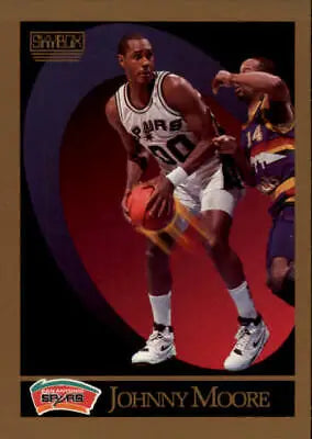 Basketball trading card of Johnny Moore dribbling for San Antonio Spurs in white uniform