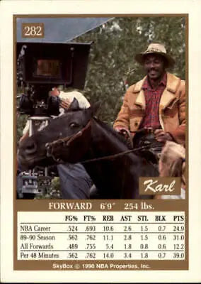 Karl Malone Utah Jazz Basketball Card featuring him on horseback from 1990-91 SkyBox