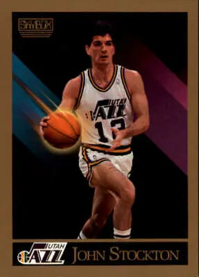 John Stockton Utah Jazz basketball card in white uniform, number 12, 1990-91 SkyBox