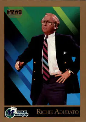 Richie Adubato gestures while speaking, featured on 1990-91 SkyBox Dallas Mavericks card