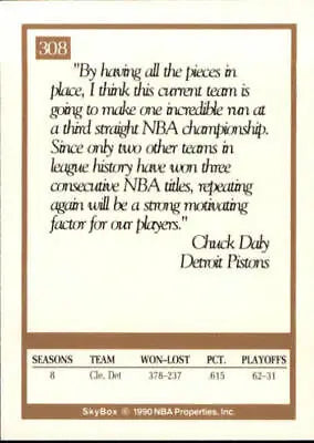 Basketball card back of 1990-91 SkyBox Chuck Daly Detroit Pistons NBA NM-MT