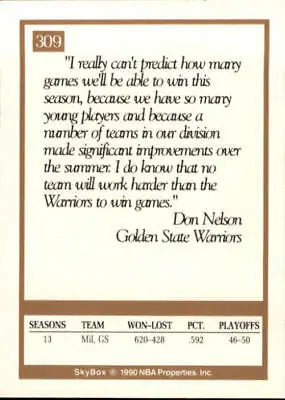 1990 NBA Properties Inc. quote card on Golden State Warriors season outlook with Don Nelson