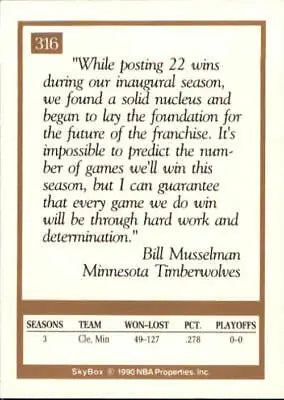 Basketball card back of 1990-91 SkyBox #316 Bill Musselman Coach Minnesota Timberwolves