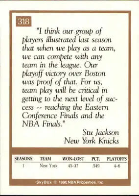 Back of 1990-91 SkyBox Stu Jackson Coach New York Knicks Basketball Card