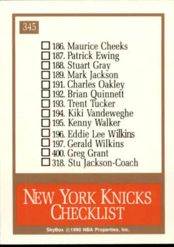 New York Knicks checklist featured in 1990-91 SkyBox #345 original gloss card