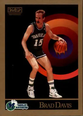 Basketball player dribbling ball in black uniform, featuring Brad Davis Dallas Mavericks