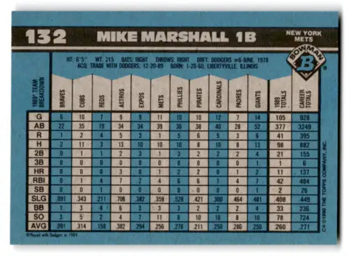 1990 Bowman #132 Mike Marshall baseball card with original gloss featuring Mets ID 72477