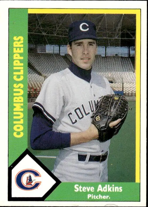 Baseball card of Steve Adkins in a Columbus Clippers uniform from CMC Columbus 1990