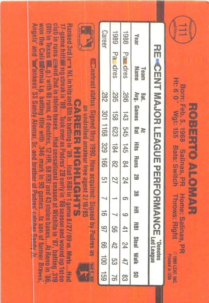 Orange train ticket with timetable and fare details featuring Roberto Alomar and San Diego Padres