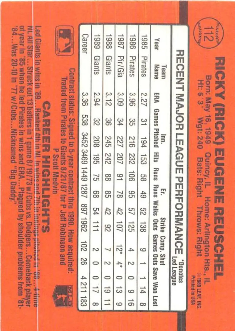 Orange baseball statistics card for 1990 Donruss #112 Rick Reuschel, San Francisco Giants