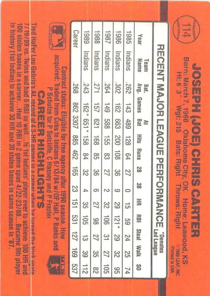 Orange baseball card statistics grid for 1990 Donruss #114 Joe Carter trading card