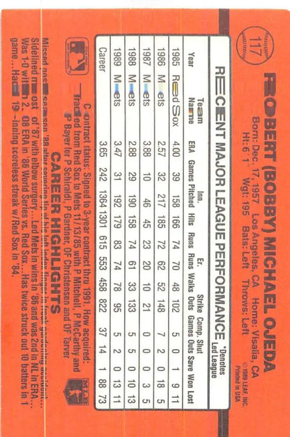 Orange performance statistics card showcasing Bob Ojeda baseball card data