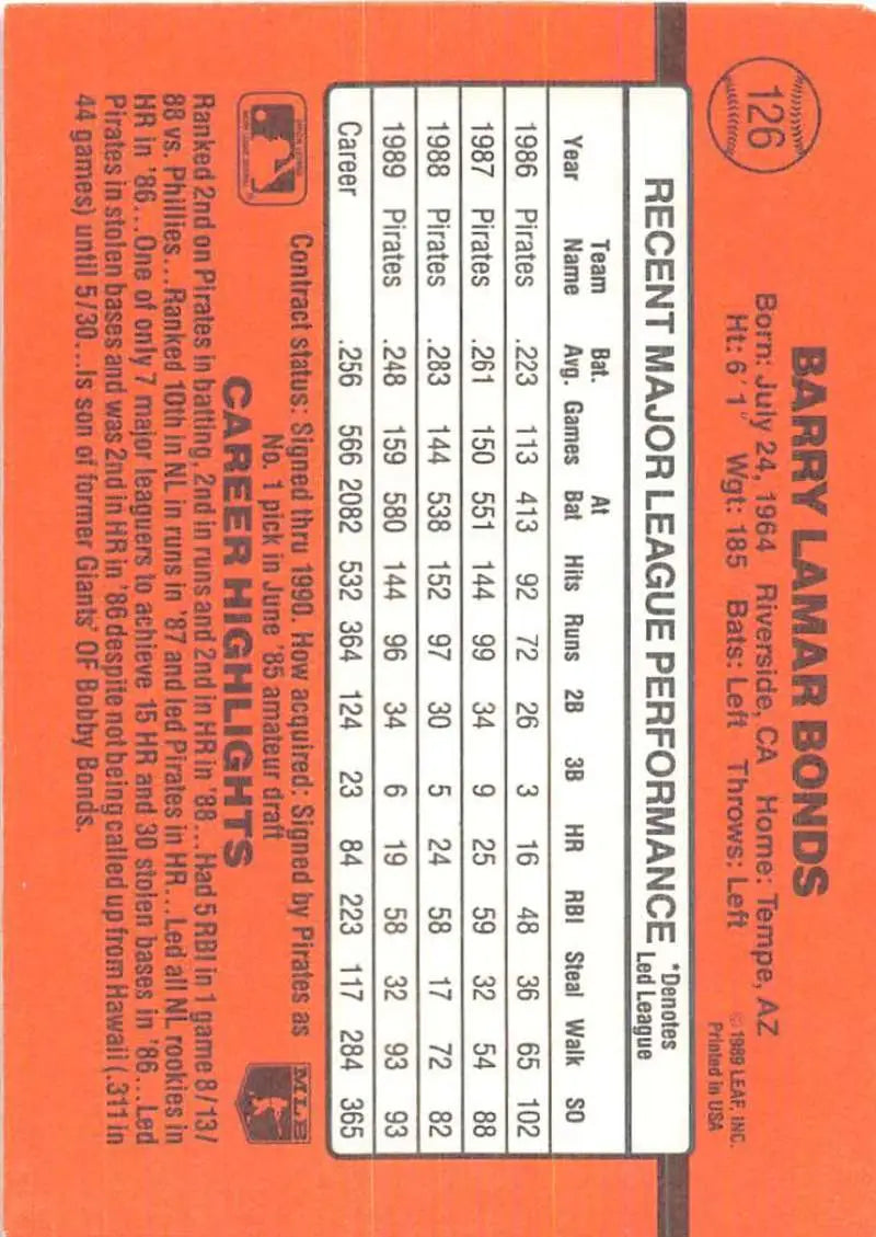 Orange baseball card displaying Barry Bonds stats for Pittsburgh Pirates collectibles