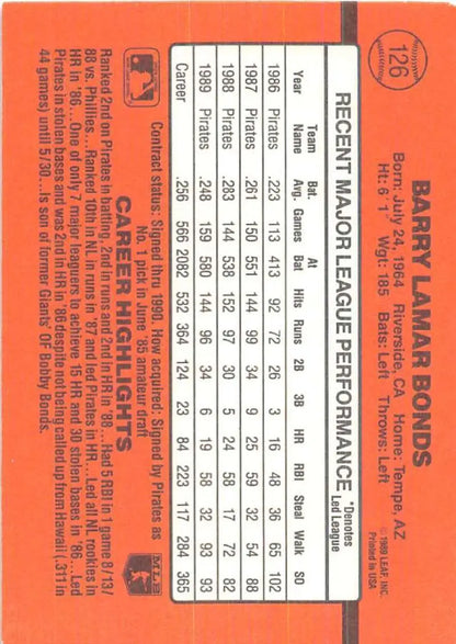 Orange baseball card displaying Barry Bonds stats for Pittsburgh Pirates collectibles