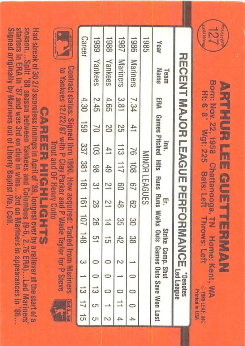 Orange baseball card featuring Lee Guetterman stats for New York Yankees collectibles