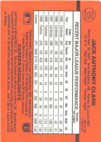 Orange 1990 Donruss #128 Jack Clark baseball card showcasing player performance stats