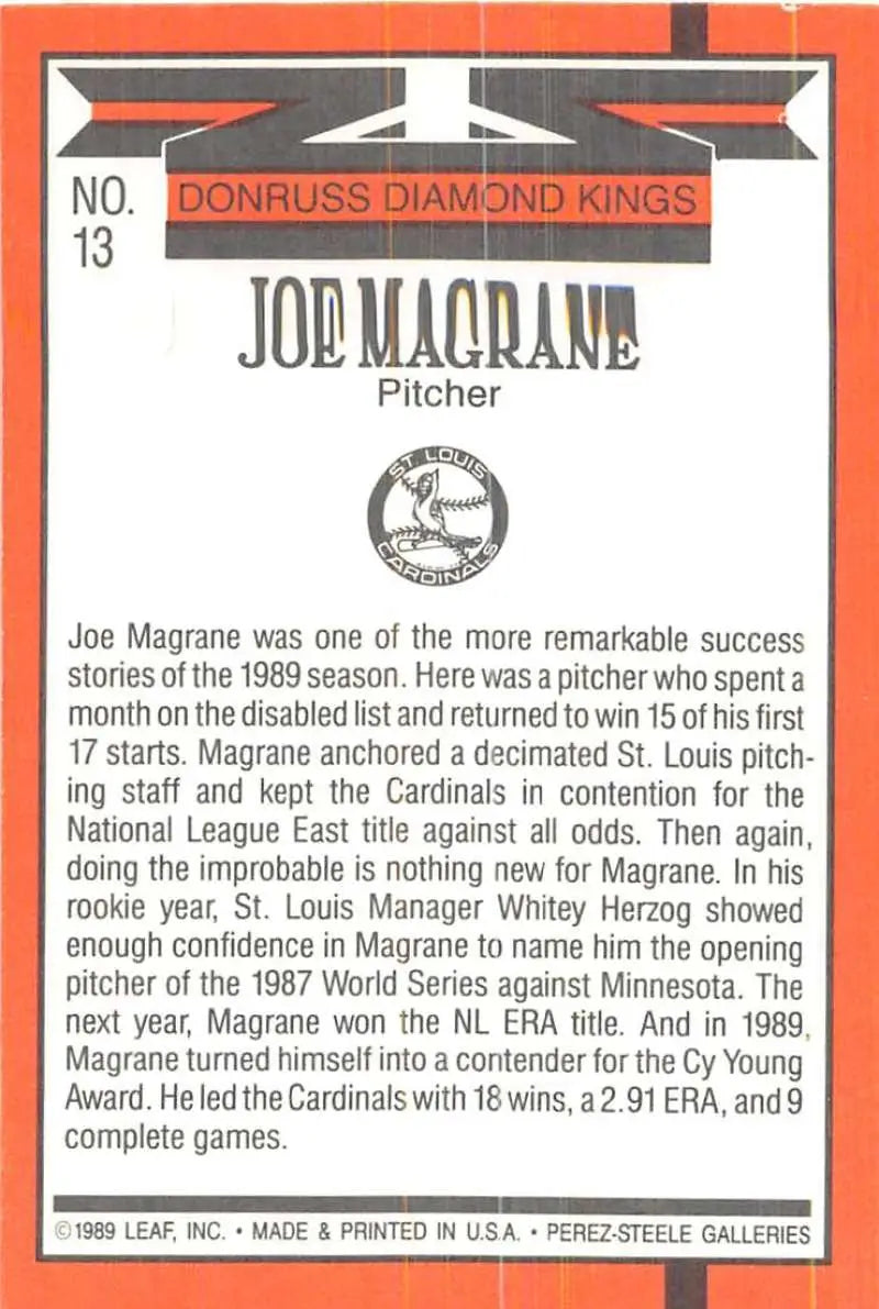 Baseball card of Joe Magrane, St. Louis Cardinals pitcher from 1989 season