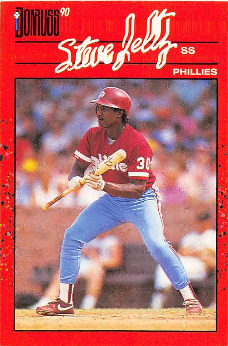 Red 1990 Donruss baseball card of Steve Jeltz, Philadelphia Phillies player at bat