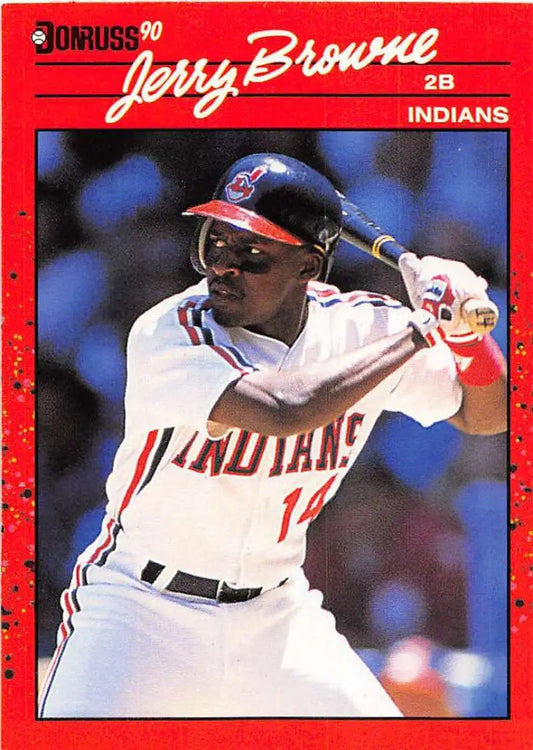 Red 1990 Donruss Jerry Browne Baseball Card featuring Cleveland Indians player at bat