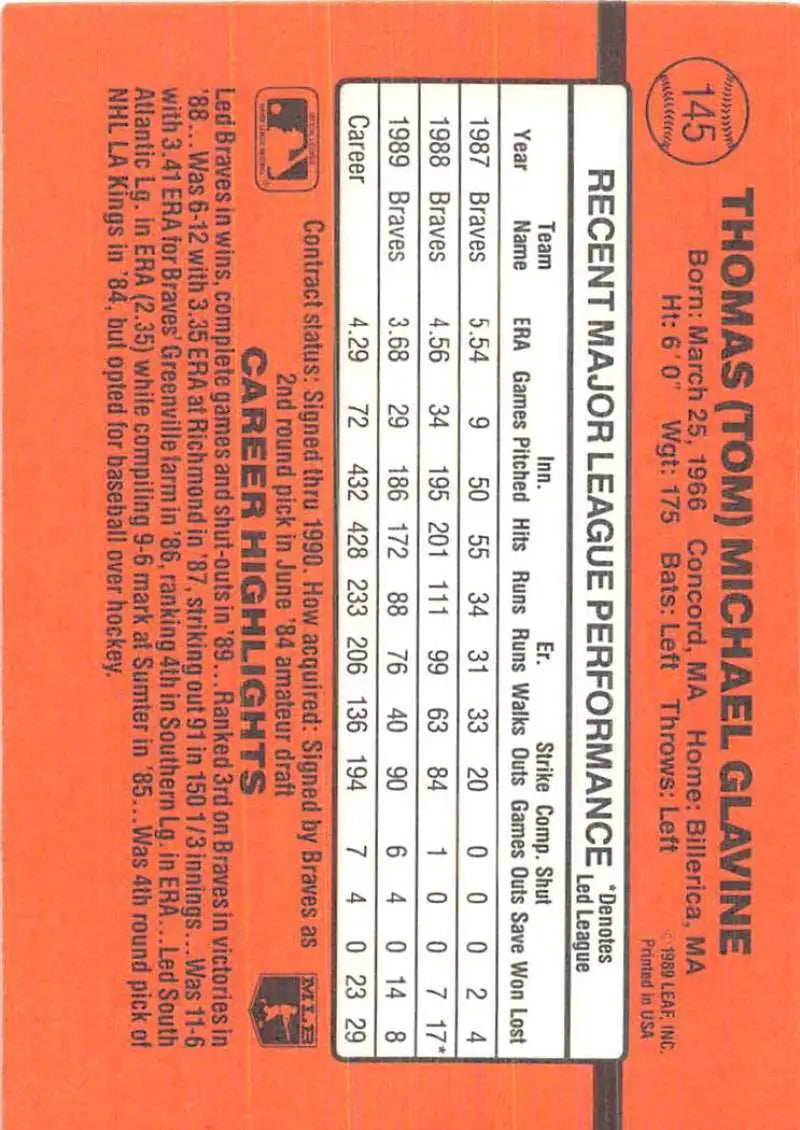 1990 Donruss #145 Tom Glavine baseball card showcasing player statistics and performance data