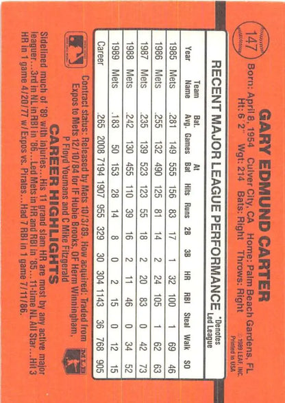 Orange baseball card featuring player stats for 1990 Donruss Gary Carter, New York Mets