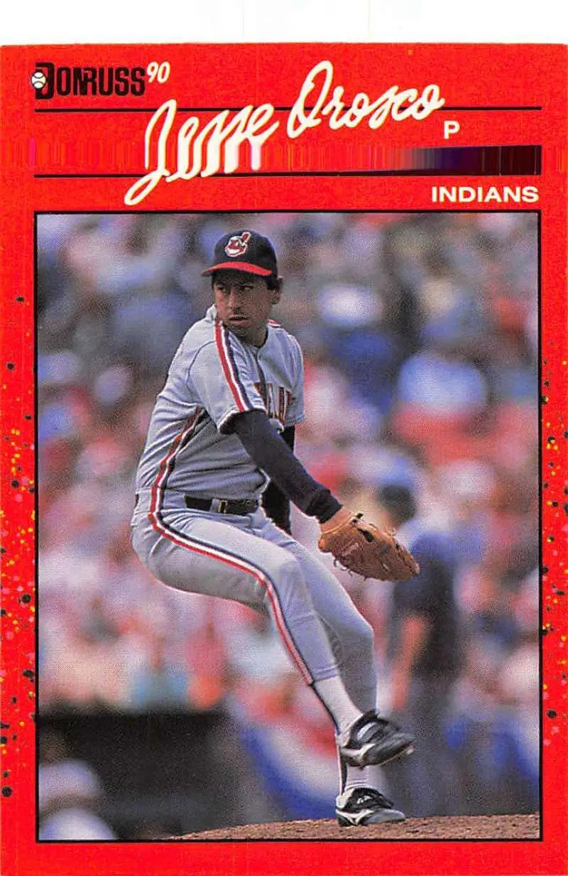 1990 Donruss Jesse Orosco baseball card featuring Cleveland Indians pitcher in action