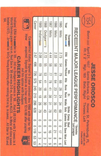 Orange baseball card featuring Jesse Orosco stats for Cleveland Indians collectors