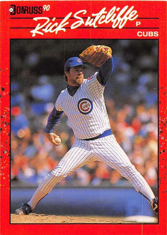 Red-bordered 1990 Donruss baseball card of Cubs pitcher Rick Sutcliffe, great for trading cards