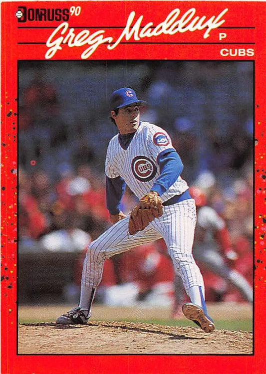 Red-bordered 1990 Donruss Greg Maddux Baseball Card featuring Chicago Cubs pitcher