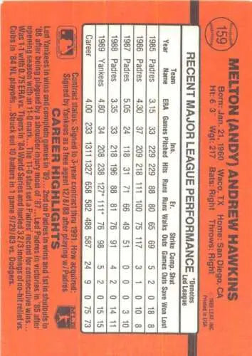 Back of 1990 Donruss #159 Andy Hawkins NM-MT Yankees baseball card with original gloss