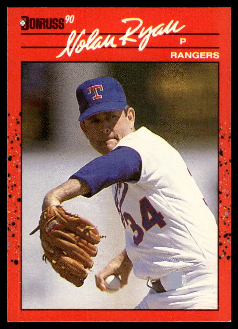 Red-bordered 1990 Donruss Nolan Ryan Texas Rangers baseball card in throwing motion