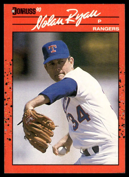 1990 Donruss baseball card of Nolan Ryan pitching for the Texas Rangers