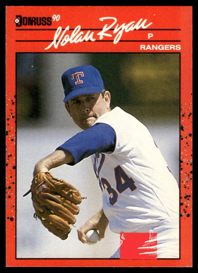 Nolan Ryan throwing in a Texas Rangers baseball card, showcasing baseball history