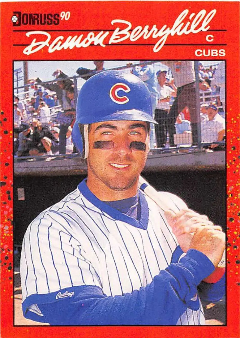 1990 Donruss Damon Berryhill Chicago Cubs baseball card in pinstripe uniform and cap