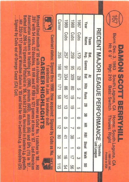 Orange 1990 Donruss Damon Berryhill baseball card featuring player stats and performance data