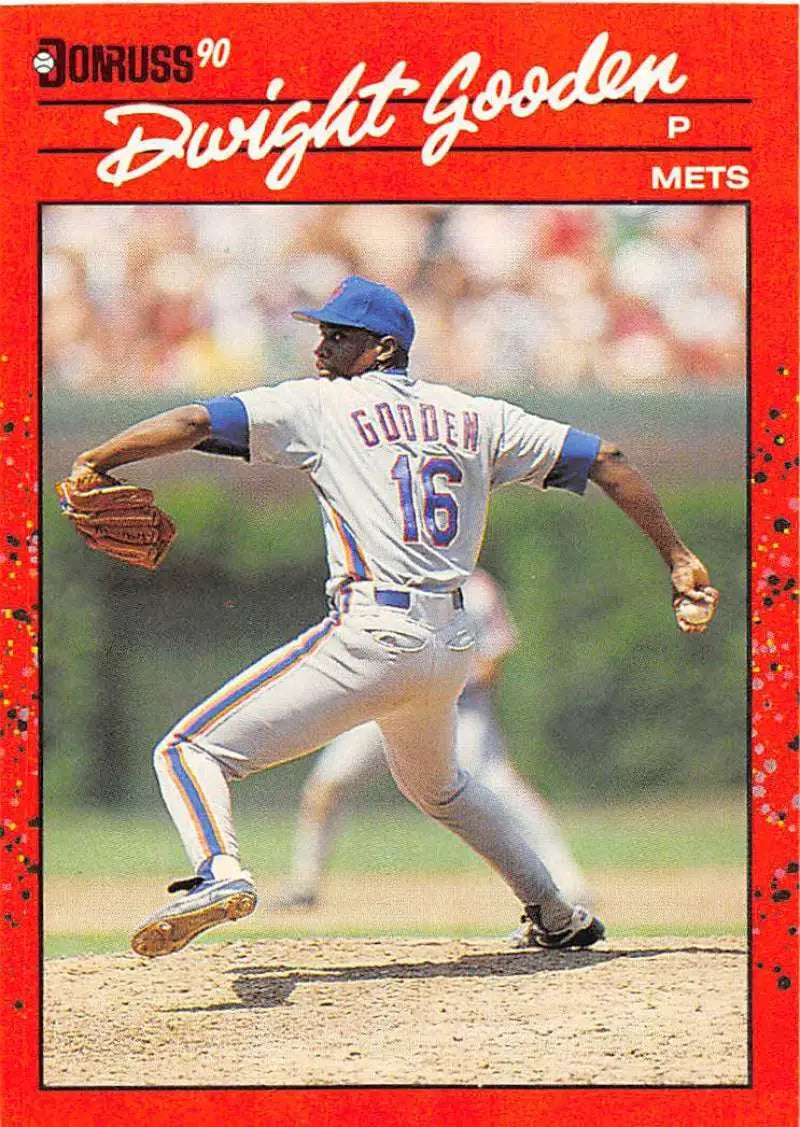 1990 Donruss #171 Dwight Gooden Mets pitcher baseball card in mid-delivery action