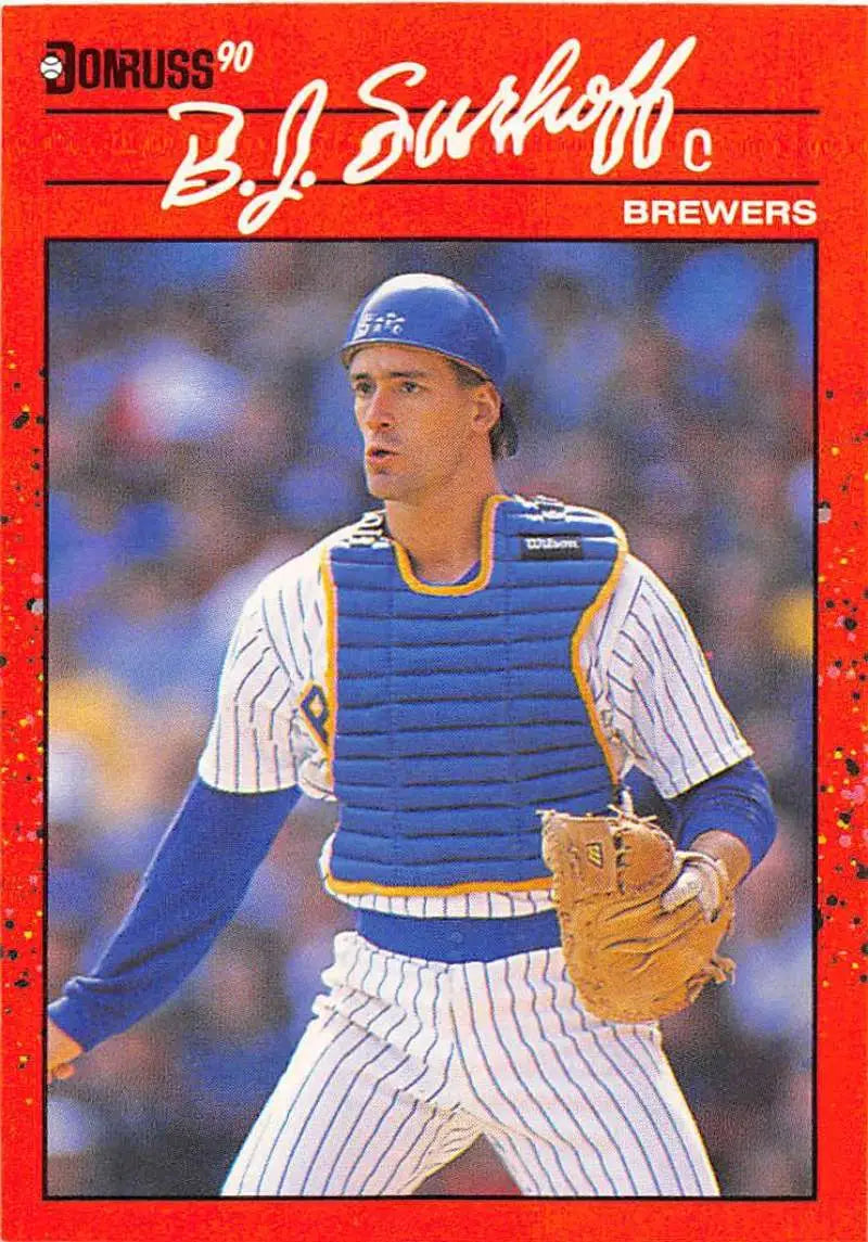 1990 Donruss B.J. Surhoff Baseball Card of Milwaukee Brewers Catcher in Pinstripes