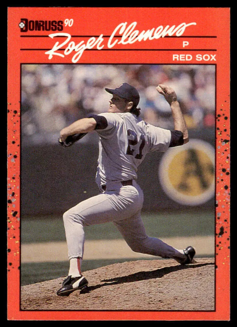 Baseball card of Roger Clemens pitching in Boston Red Sox gray uniform action