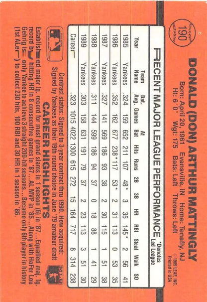 Orange Don Mattingly Baseball Card displaying New York Yankees player statistics